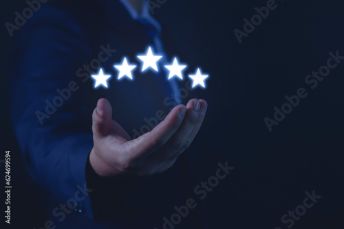 concept of customer experience Best service rating for satisfaction Presented by the hands of the customer Selection of excellent five-star ratings, good feedback on products and services. 