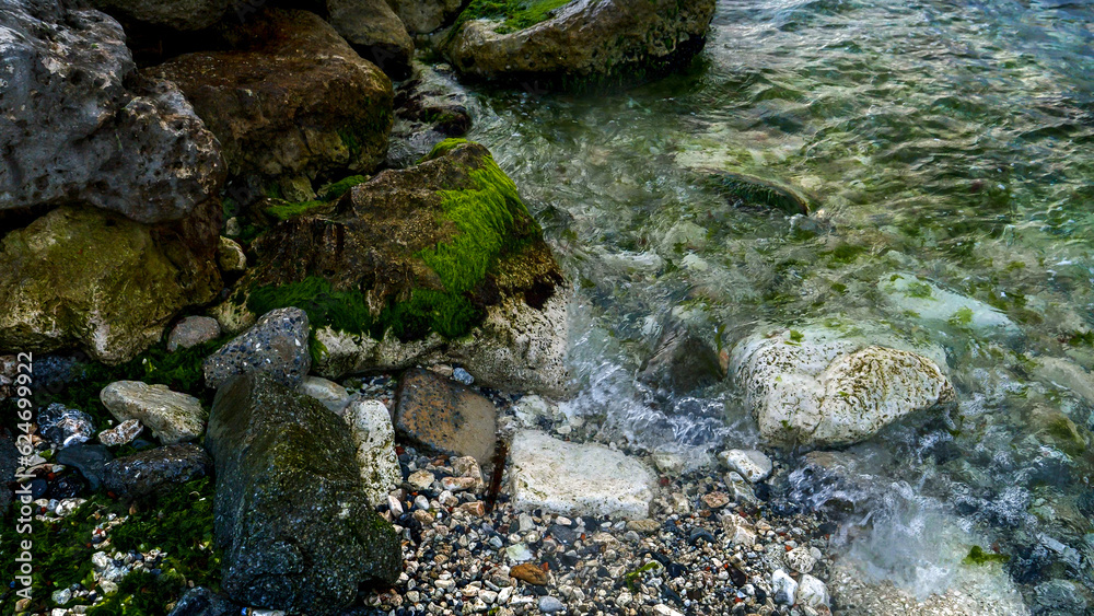 Sea waves crashing on the rocky coast showcases the majestic beauty of the ocean, with the seaweeds and algae adorning the rocks Sea waves crashing on the rocky coast showcases the majestic beauty of the ocean, with the seaweeds and algae adorning the rocks