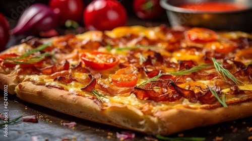 Tarte Flambée with its golden brown crust and vibrant toppings