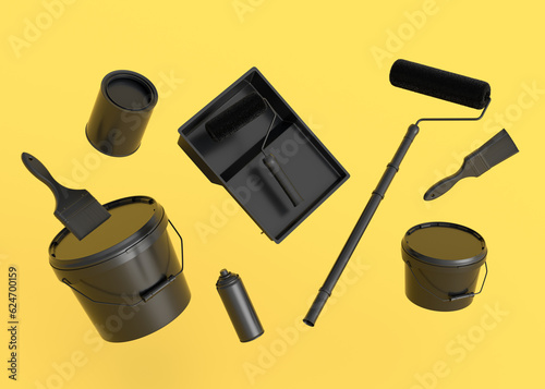 Set of metal cans or buckets with paint roller, brush and folding ladder