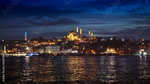 Istanbul  Turkey - February 2023  Hagia Sofia Mosque reflecting in the Bosphorus sea water at night.