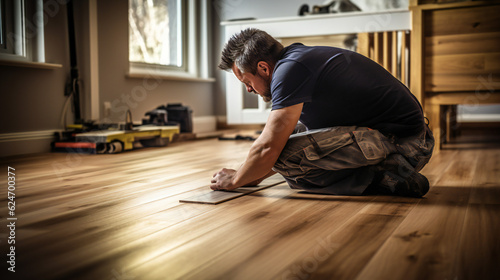 Man on knees, working on Floor Part, cutting, measuring
