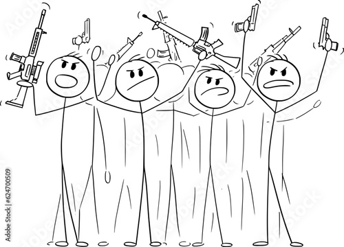 Negative Dangerous Armed Crowd with guns , Vector Cartoon Stick Figure Illustration