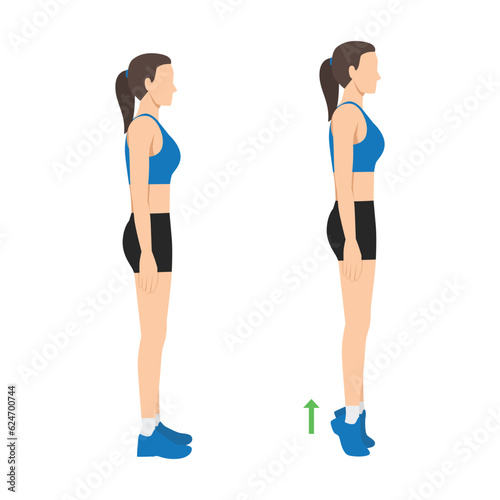 Woman doing tip toe pose move for reduce leg cellulite. Workout diagram about Calves reduction for slim leg. Flat vector illustration isolated on white background