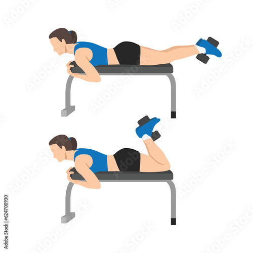 Woman doing Dumbbell Hamstring Curl on Bench exercise. Flat vector illustration isolated on white background