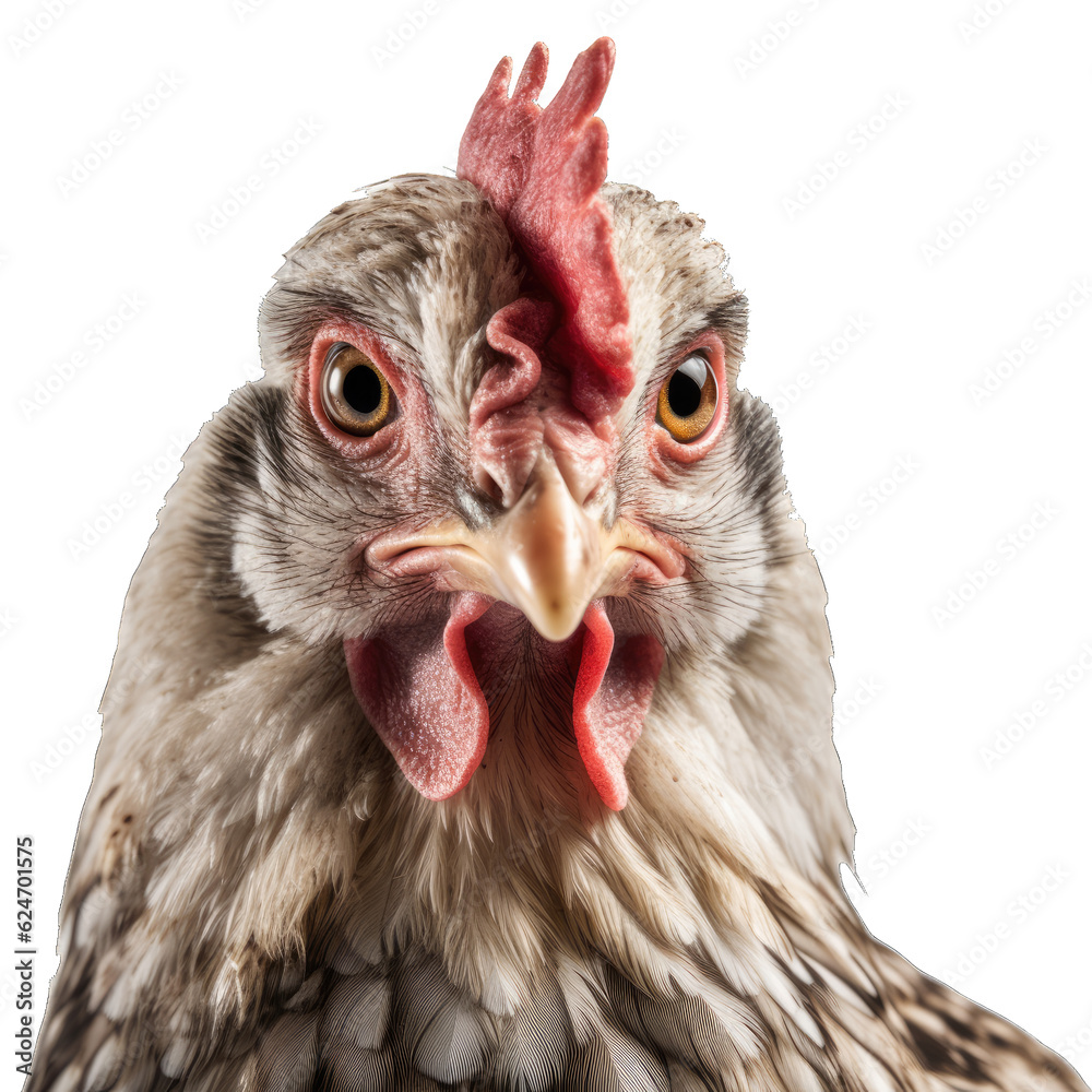Chicken face shot isolated on transparent background cutout