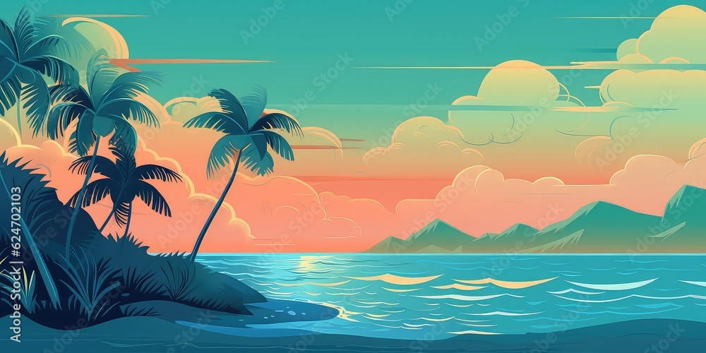 Generative AI. Vector illustration of palms and a tropical beach at sunny weather. Exotic Holiday background. 