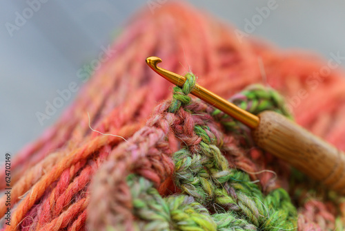 Konstfotografi Closeup detail of crochet work with a colourful skein of organic natural handspu