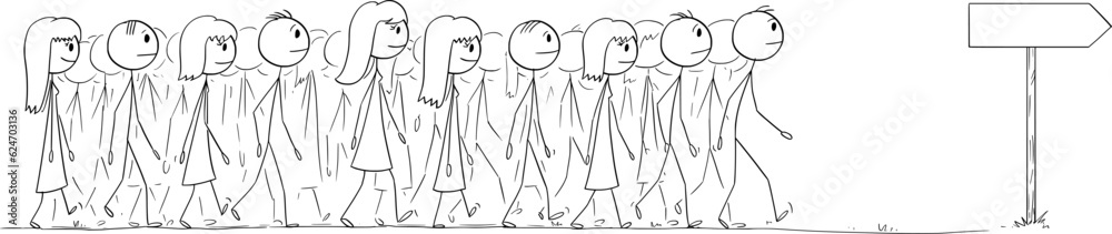 Crowd of People Following Directional Arrow, Vector Cartoon Stick Figure Illustration Crowd of People Following Directional Arrow, Vector Cartoon Stick Figure Illustration