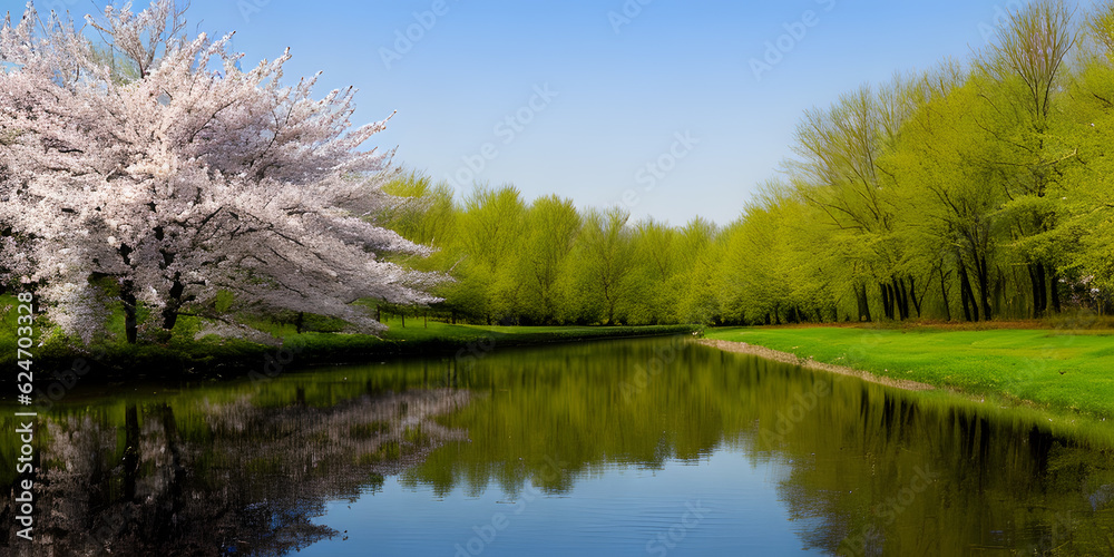 Spring concept background stunning nature landscape reflection on water with meadows view Spring concept background stunning nature landscape reflection on water with meadows view