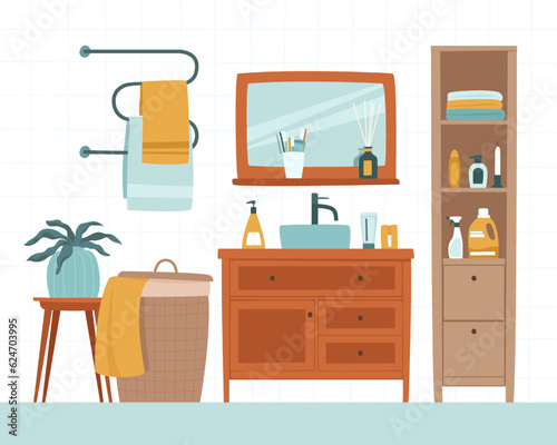 Bathroom with washbasin and mirror. A laundry basket, a flower in a pot, a rack with household chemicals and a heated towel rail with towels. Flat vector illustration.