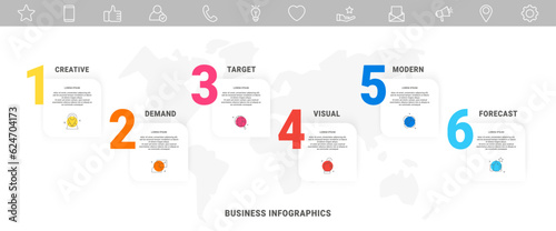 Vector infographics with 6 numbers or figures and rectangular items or icons with a place for text. Modern illustration for business options, steps, processes, projects, web design, marketing