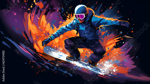 snowboarder en pleine action, illustration, fond bleu foncé