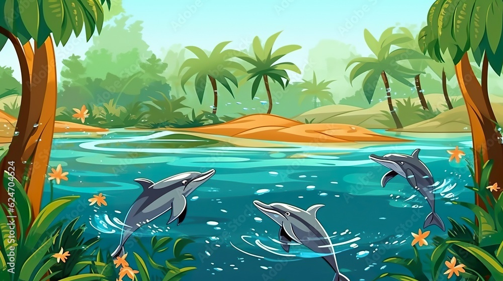 Abstract background group of dolphin. The graceful movements of a group of dolphins depicted in a captivating illustration. Generative AI.