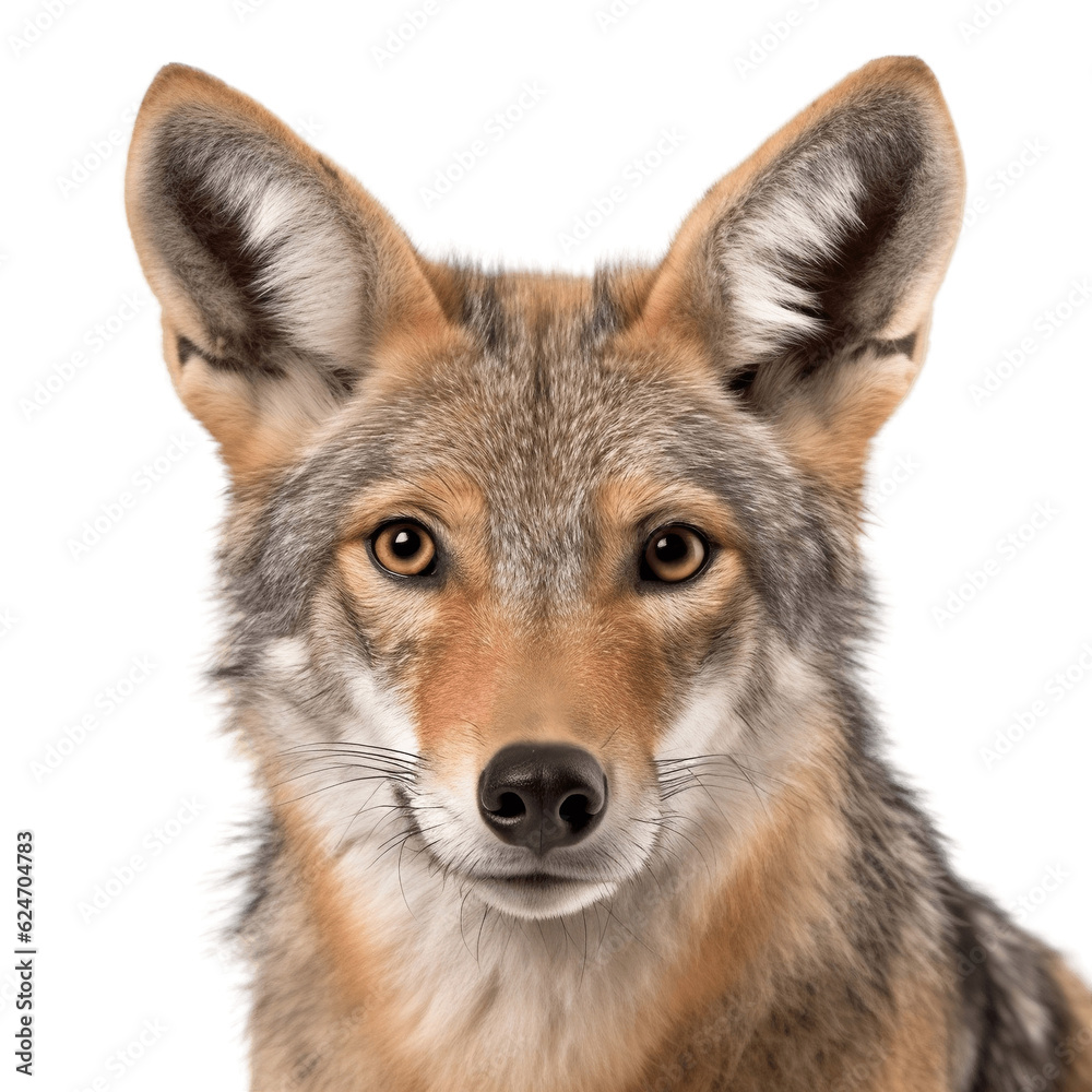 Isolated Close Up Front View of Jackal Animal on Transparent Background. Generative AI