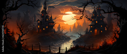 halloween background with creepy landscape of night sky fantasy forest in moonlight 