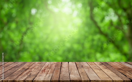Wooden board empty table background. green nature