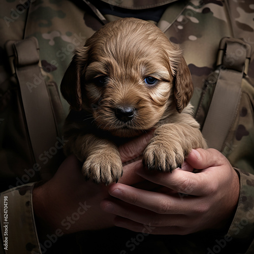 Small cute brown puppy held by soldier. Hands holding a pet friend. Forever goodbye. AI generated picture