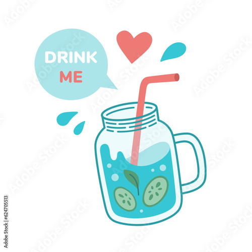 Reusable glass jar with text DRINK ME. Sustainable lifestyle, zero waste, ecological concept. Vector illustration in cartoon style. Recycling, waste management, ecology, sustainability.