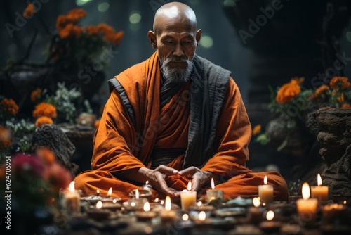 Buddhist monk meditating in a peaceful temple setting, symbolizing inner peace and mindfulness. Generative AI