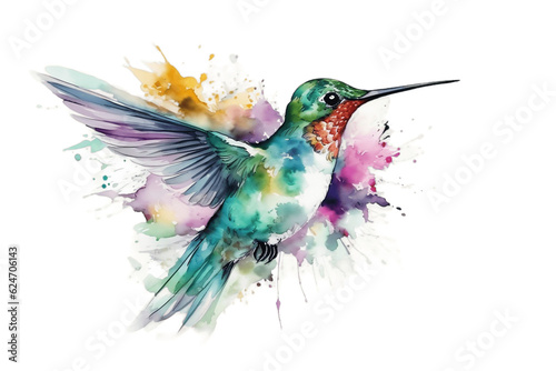 Isolated Watercolor Floral Hummingbird on Transparent Background. Generative AI