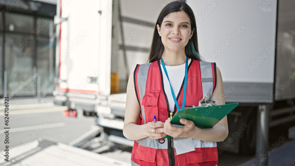 Young beautiful hispanic woman courier smiling confident holding clipboard at street - obrazy, fototapety, plakaty 