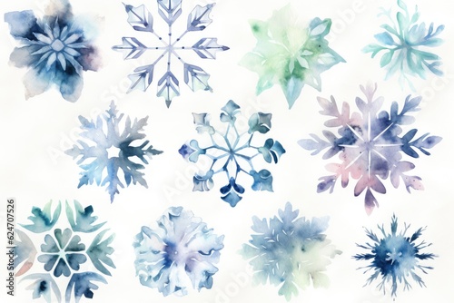 Beautiful watercolor snowflakes on a white background.