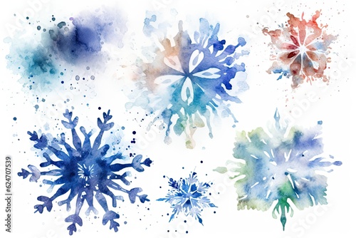 Watercolor snowflakes on a white background.