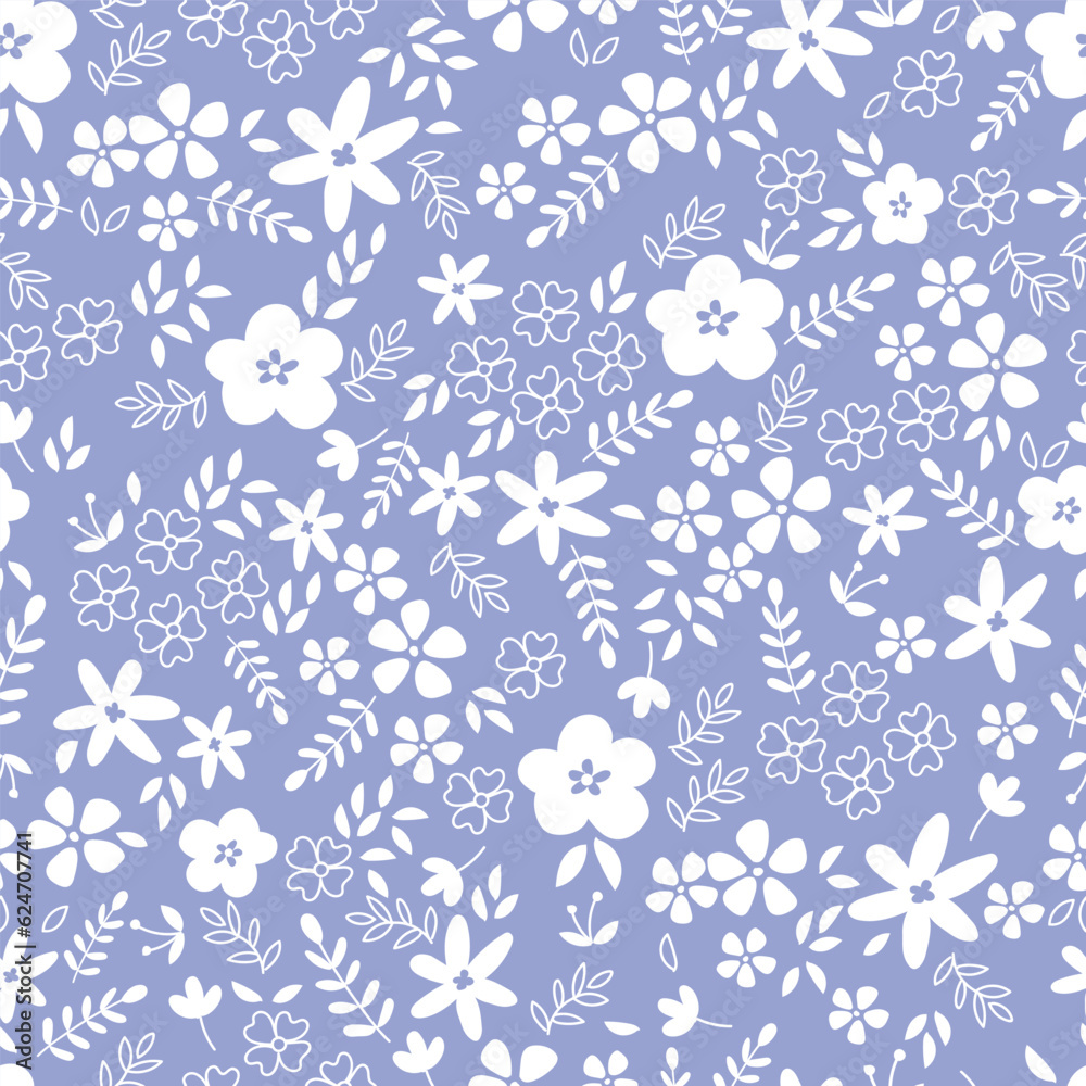 seamless floral pattern. Idea for fabric, tablecloth pattern, wrapping paper, gift paper. Print Ditsy. Motives are scattered randomly. blue pattern background. cute pattern