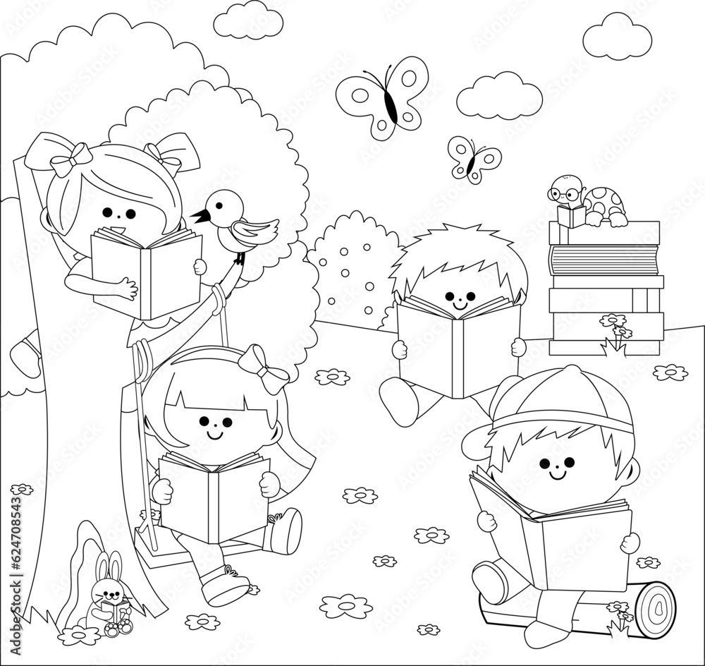 Children reading books at the park, in nature. Vector black and white coloring page.