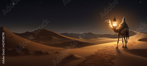 A camel carrying a lantern at night in the desert with sand dunes © MUS_GRAPHIC