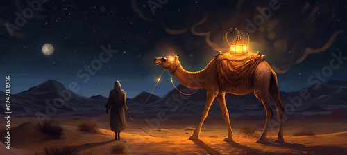 A camel carrying a lantern at night in the desert with sand dunes