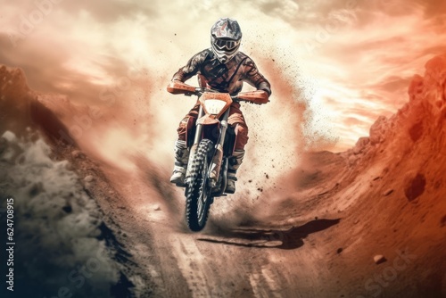 Sport dirt bike raceing and drifting on dirty mountain race track. Generative AI