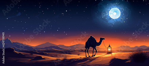 A camel carrying a lantern at night in the desert with sand dunes