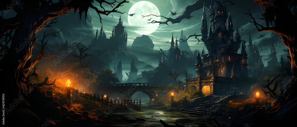 halloween background with creepy landscape of night sky fantasy forest in moonlight 