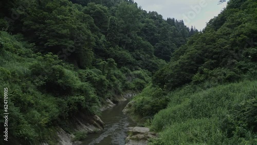ドローン撮影：深い草木に囲われた川