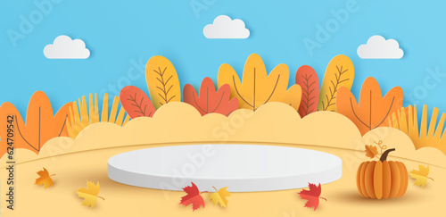 Paper cut of white cylinder podium, geometric shapes with autumn landscape for products display presentation. Vector illustration