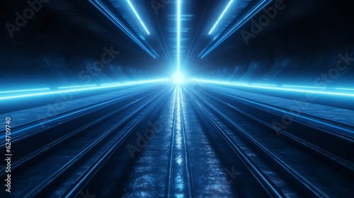 Luminous Network: Illuminating Connections on a Dark Navy and Sky Blue-Scaled Track, Captured in an Image of Bright Light © Floare