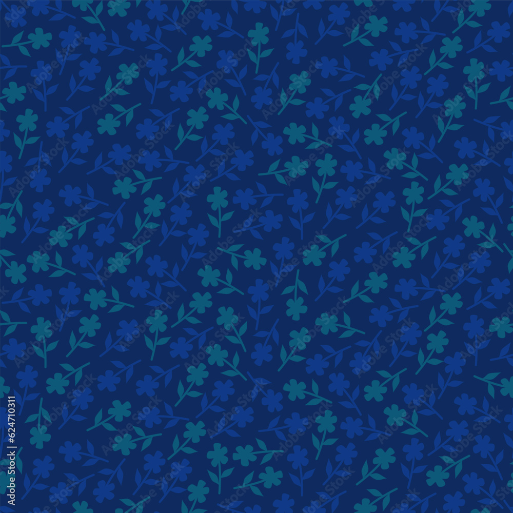 Seamless pattern of small flowers. Blue and green flower's silhouette on navy background. Floral print