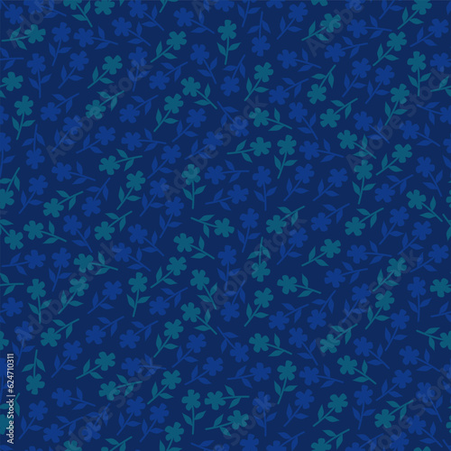 Seamless pattern of small flowers. Blue and green flower's silhouette on navy background. Floral print