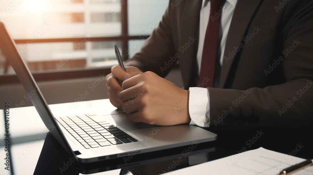 Crop close up midsection businessman use laptop, write email letter to business partner or client. Use computer mobile consult online on gadget, working from home, portable office. Ai generative.