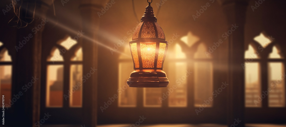 A lamp in a mosque with the light shining through it A lamp in a mosque with the light shining through it