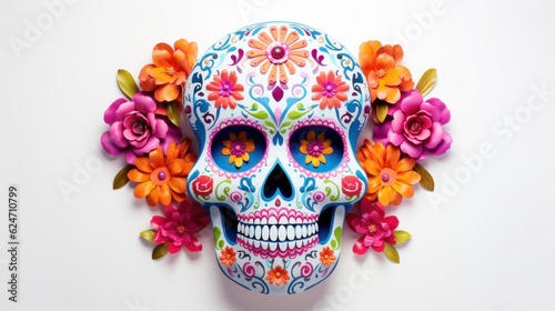 Mexican Sugar Skulls on White Background, Day of the Dead, Halloween Dia De Los Muertos. Generative Ai photo