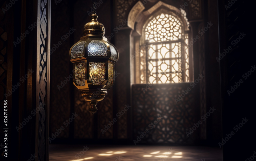 A lamp in a mosque with the light shining through it