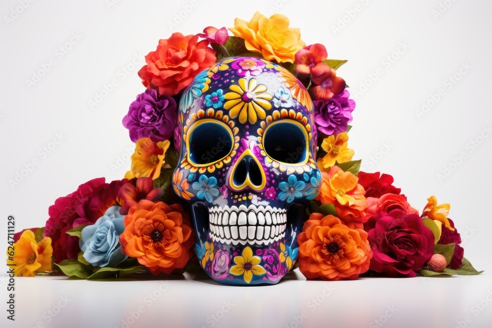 Mexican Sugar Skulls on White Background, Day of the Dead, Halloween Dia De Los Muertos. Generative Ai Mexican Sugar Skulls on White Background, Day of the Dead, Halloween Dia De Los Muertos. Generative Ai