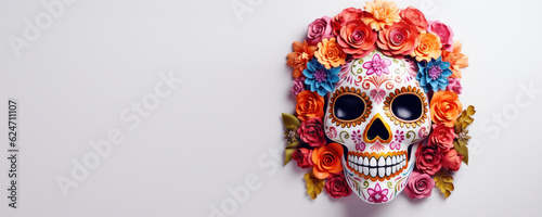 Day of the Dead Banner, Mexican Sugar Skulls on White Background, Dia De Los Muertos. Generative Ai