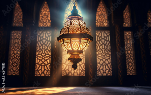 A lamp in a mosque with the light shining through it
