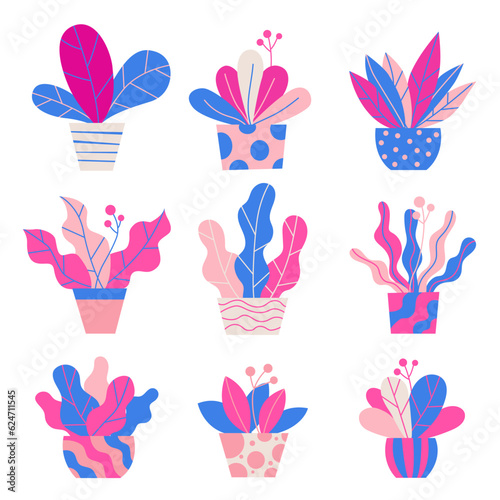 Colorful flat flower pots in trendy flat cartoon style. Vector illustration for floral banner, cover design, poster 