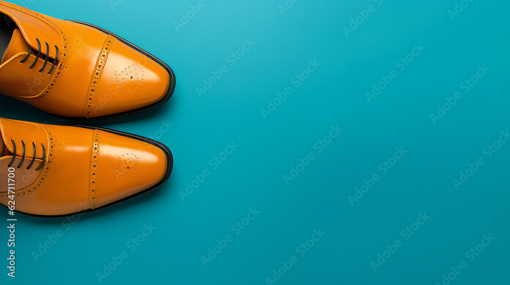 Colorful Man Leather shoe advertisement banner with empty copy space on the side. Generative AI.