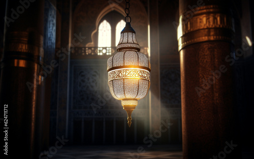 A lamp in a mosque with the light shining through it